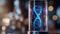 Glowing DNA helix structure in glass cylinder with sparkles and bokeh lights background, futuristic genetic science concept for medical research and biotechnology.