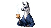 Sophisticated llama in navy blue kimono holding coffee cup, artistic anthropomorphic animal character on white background, isolated design for merchandise.