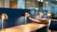 Businessman in suit holding glowing virtual panel with legal, security and analytics icons in modern office environment.
