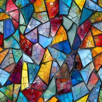 Vibrant mosaic pattern with irregular geometric shapes in red, blue, yellow, and turquoise creating stained glass effect. Abstract background with crackled texture.
