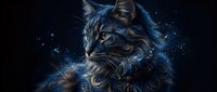 Mystical cat with ornate blue and gold patterns surrounded by sparkling cosmic energy on dark background for fantasy art projects.