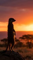 Meerkat standing upright on a rock against a vivid orange and red African savanna sunset, silhouetted by warm golden light.