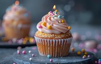 Festive birthday cupcake with pink swirled frosting, colorful sprinkles and lit candle on dark background with scattered pearl decorations and bokeh effect.