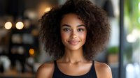 Young African American woman with curly afro hair smiling confidently in modern office or cafe setting with warm bokeh lights in background.