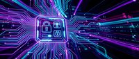 Neon glowing padlock and circuit board symbols on digital network background with purple and blue light trails, representing cybersecurity and data protection technology.