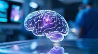 Glowing holographic brain floating in medical laboratory environment with purple and blue light effects, modern neuroscience research concept.