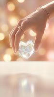 Woman's hand holding glowing crystal with soft bokeh background, wearing delicate silver rings. Ethereal wellness and spiritual healing concept for meditation, mindfulness, and alternative therapy applications.