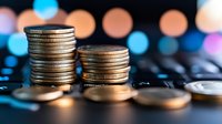 Stacked silver and gold coins on dark surface with colorful bokeh lights in background, representing wealth, savings and financial growth.