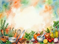 Watercolor cooking ingredients and kitchen utensils arranged on white background with fresh vegetables, herbs, spices, and culinary tools for recipe design, food blog, cookbook, and restaurant branding.