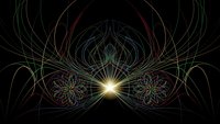 Abstract fractal art with glowing center and colorful flowing lines creating symmetrical patterns on black background for digital design projects.