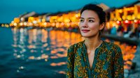 Young Asian woman in floral dress enjoying evening by illuminated waterfront with golden lights reflecting on water during blue hour twilight.