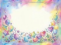 Watercolor birthday frame with colorful balloons, stars, hearts, and confetti on white background, isolated and ready for greeting card design.