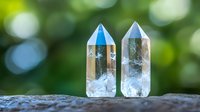 Crystal quartz points with blue tips against blurred green nature background, healing stones on textured rock surface in soft natural lighting.