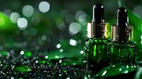 Glass dropper bottles with green liquid against sparkling bokeh background, wellness and aromatherapy concept with water drops and glowing emerald lights.