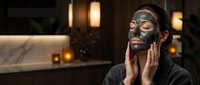 Young woman in robe applying dark charcoal clay face mask in luxury spa bathroom with candles, enjoying skincare beauty treatment.