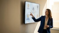 Professional businesswoman presenting data analytics on interactive display screen in modern office environment for corporate training and strategy meetings.