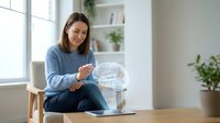 Young Caucasian woman in blue sweater sitting on wooden floor next to modern air humidifier in bright living room with plants and natural light from window.