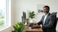 Professional man of African descent in business attire working at wooden desk with computer, potted plants, and modern office decor in bright workspace with city view.