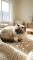 Ragdoll cat with seal point coloring resting on cream knit blanket in bright sunlit bedroom, playing with decorative string. Domestic pet relaxation and home comfort.
