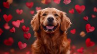 Happy Golden Retriever dog with open mouth smile against dark background with floating red heart bokeh. Valentine's day or love concept pet portrait.