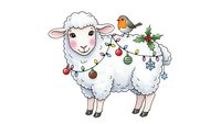 Cute white sheep decorated with Christmas lights and ornaments with robin bird perched on back, festive holiday farm animal illustration on white background.
