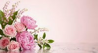 Elegant pink peony and rose bouquet with lily of the valley on soft pink background for wedding, Mother's Day, Valentine's Day greeting cards and floral designs.