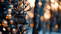 Majestic reindeer head in winter forest with blurred bokeh lights and dark moody atmosphere creating magical Christmas holiday ambiance.