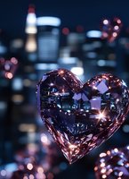 Crystal heart reflecting city skyline at night with bokeh lights and urban glow creating romantic atmosphere for love and relationship concepts.