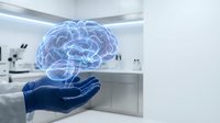Medical professional holding holographic brain model in modern laboratory for neuroscience research and healthcare technology applications.