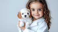 Young girl with curly brown hair wearing white shirt holds adorable white and brown puppy against light gray background, expressing joy and friendship.