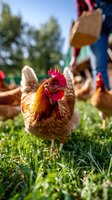 Brown hen with bright red comb foraging in green grass on sunny day at organic farm. Blurred chickens and farmer in background create depth of field effect.