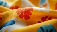 Vibrant floral pattern on yellow fabric with red and blue flowers, macro close-up view showing textile texture and colorful summer print design.