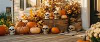 Halloween front porch decoration with orange pumpkins, autumn leaves, skulls and seasonal flowers creating spooky festive atmosphere for trick or treat.