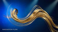 Golden liquid wave flowing dynamically against deep blue background, representing innovation, technology, and forward momentum for corporate and creative design projects.