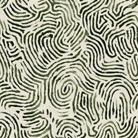 Abstract organic swirling lines create seamless pattern in dark green and beige. Flowing curved shapes form continuous fingerprint-like maze design on neutral background.