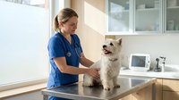 Veterinarian in blue scrubs examining a fluffy white dog on examination table in modern clinic with medical equipment and windows.