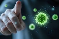 Glowing green virus cells floating in dark space with pointing hand, representing infection spread control and medical research in modern science.