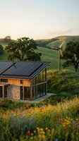 Modern eco-friendly house with solar panels and wind turbine in rolling countryside landscape at golden hour sunset for sustainable living concepts.