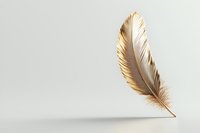 Single golden feather with delicate texture and soft shadow on light gray background, isolated object for creative design and decoration purposes.