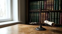 Vintage brass scales of justice with gavel and legal documents on wooden desk in law office library with antique books creating professional atmosphere.