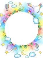 Watercolor circular frame with hot air balloons, kites, houses, trees, stars, clouds and moon on rainbow background. Copy space for text or design elements.