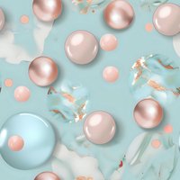 Luxurious rose gold and mint spheres floating with metallic marble texture pattern. Abstract modern design with pearly bubbles and soft pastel colors creates elegant flow.