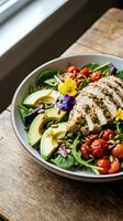 Sliced grilled chicken breast served over fresh greens, avocado, cherry tomatoes, and edible flowers in a white bowl for healthy meal planning and restaurant dining concepts.