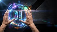Hands protecting glowing digital battery icon with holographic energy circles and futuristic interface elements for renewable power technology concepts.