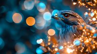 Majestic bird of prey with piercing red eyes surrounded by golden bokeh lights and sparkling effects creating magical wildlife portrait for nature photography.