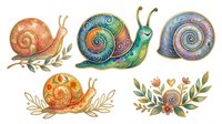 Colorful snails with spiral shells in warm and cool tones, isolated on white background. Hand-drawn style with decorative botanical elements. Ready for clipart, t-shirt design, stickers, and craft projects.