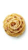 Spaghetti carbonara with bacon, cheese, and black pepper arranged in a spiral nest on white background, ready for food styling and culinary design projects.