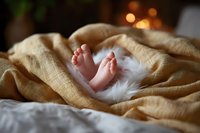 Tiny newborn feet peek out from soft beige blanket and white fur, creating tender moment in warm ambient lighting with bokeh background.