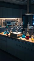 Modern chemistry laboratory with molecular model and colorful chemical solutions in glassware on illuminated counter for scientific research and education.