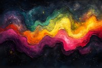 Vibrant cosmic waves of colorful nebula gases flow across starry space in rainbow hues of red, orange, yellow, green, blue and purple creating abstract celestial art.